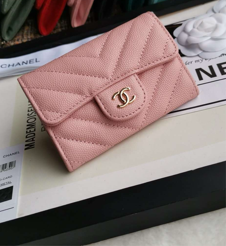 Caviar Chevron Quilted Compact Flap Wallet Pink