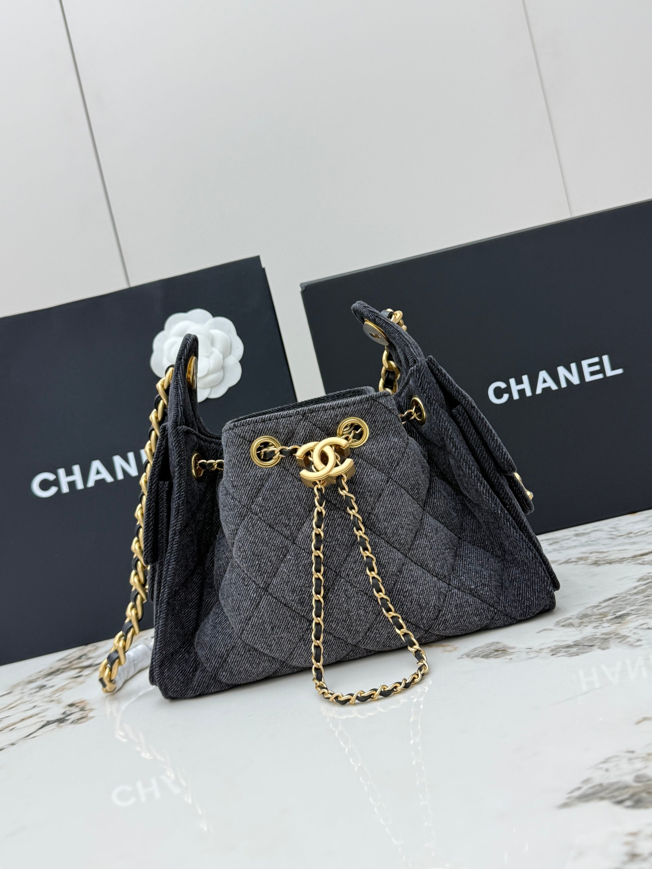 Mini 25 Quilted Leather Handle Shoulder Bag with Chain Strap (20 x 22 x 12.5) cm