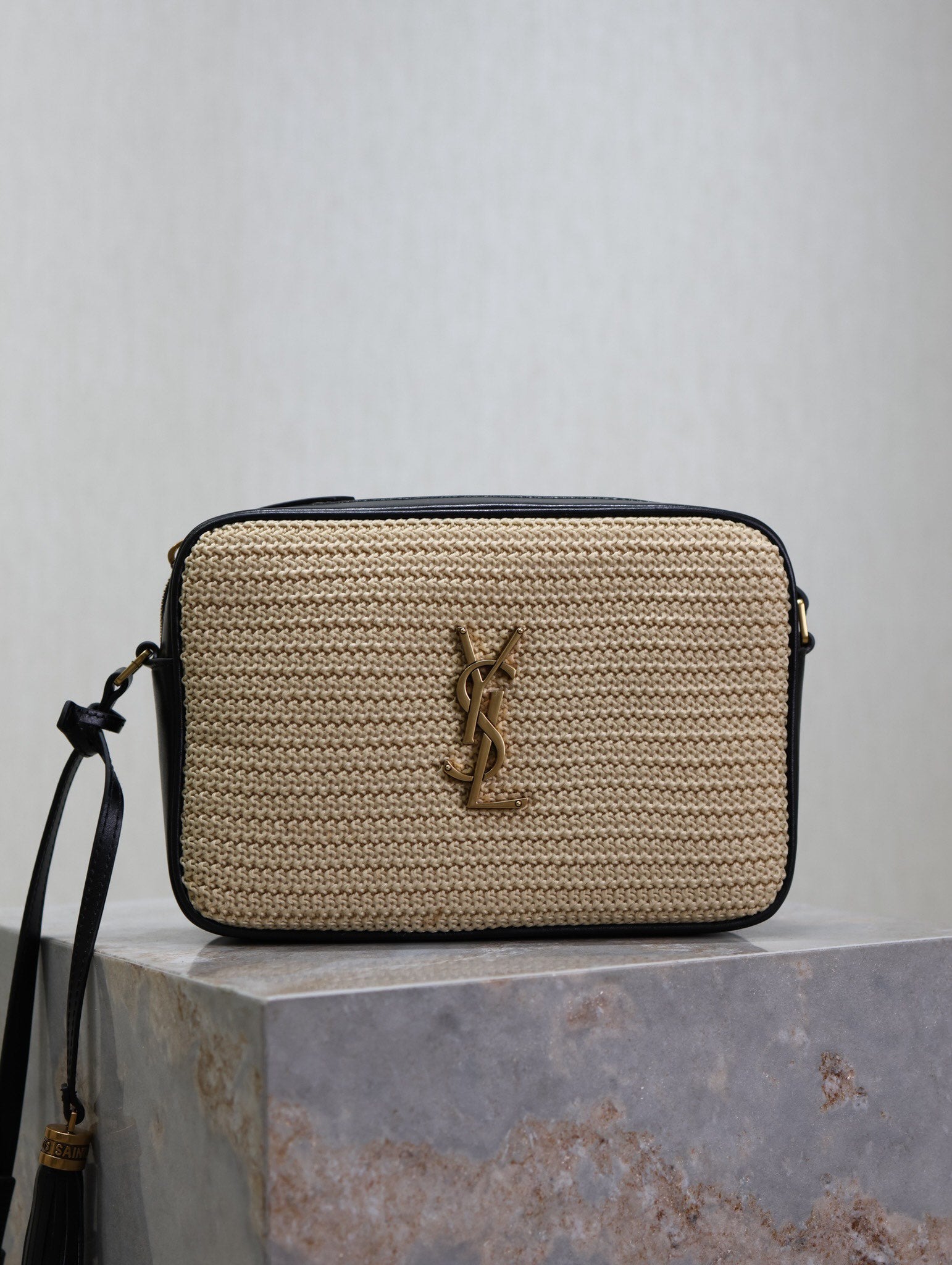 Saint Laurent Lou Medium Monogram Raffia Camera Bag