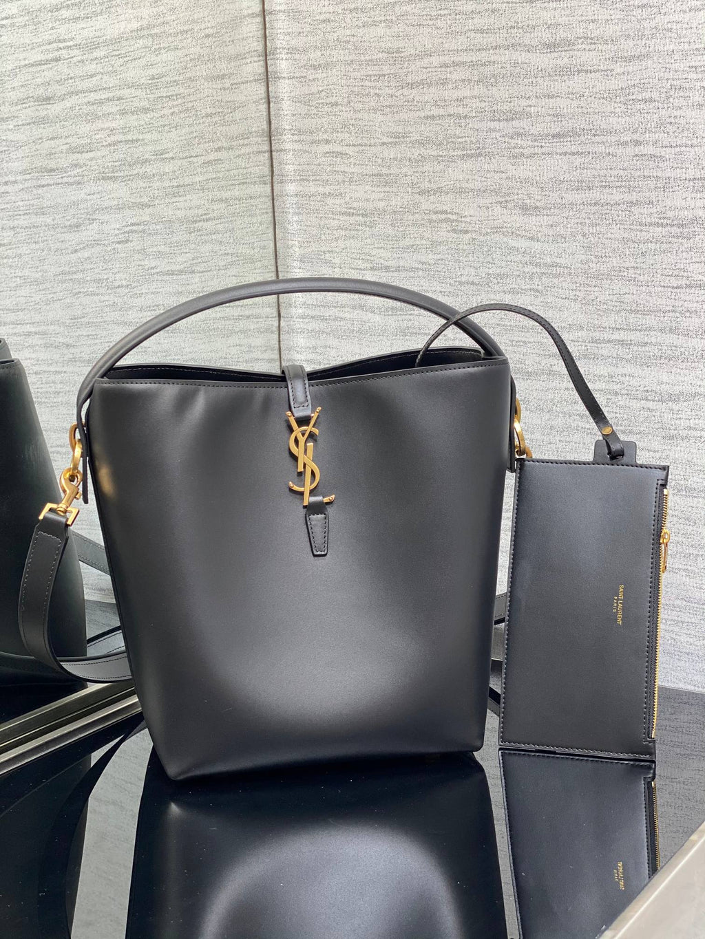 Le 37 Black Shiny Leather Handle Shoulder Bag with Charm and Adjustable Strap (20 x 25 x 16) cm