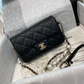 Pearl logo strap Flap Bag Black