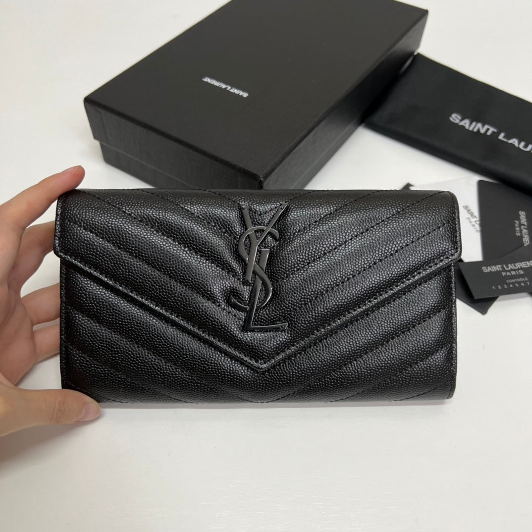 Long Wallet Black Leather Black Tone 10767 19cm