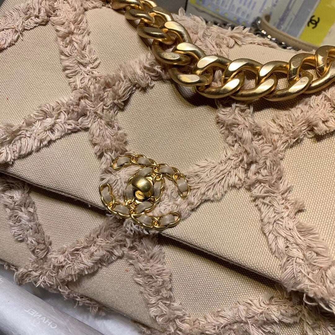 19 Medium Denim Flap Bag Beige