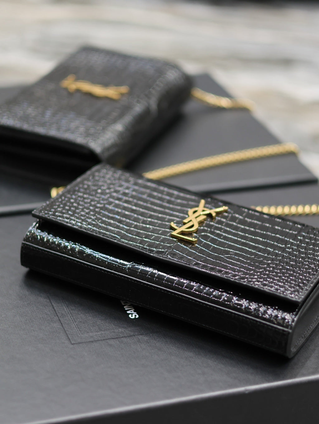 Kate Croc Embossed BLack Gold Hardware - 23x14x3cm