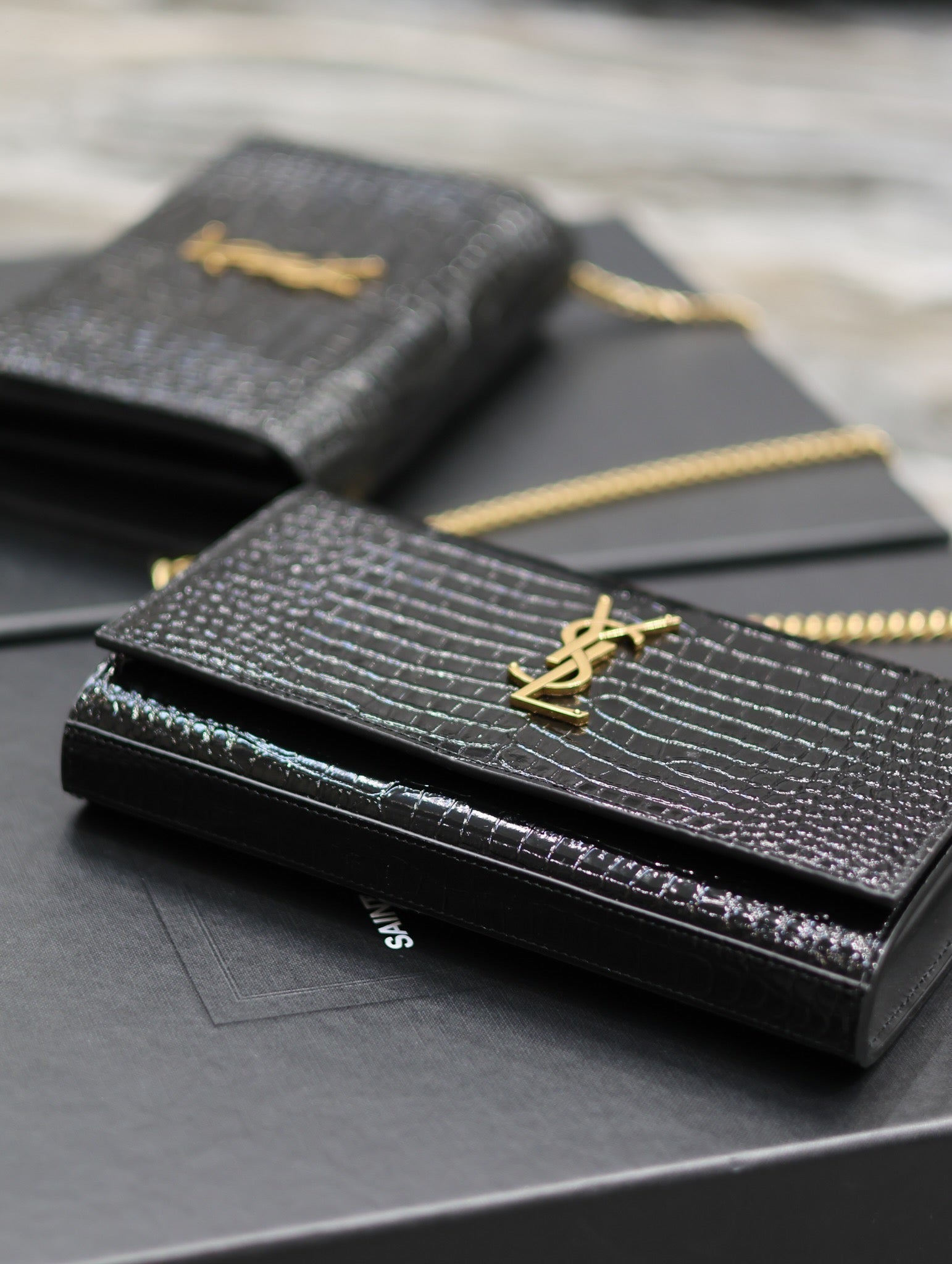 Kate Croc Embossed BLack Gold Hardware - 23x14x3cm