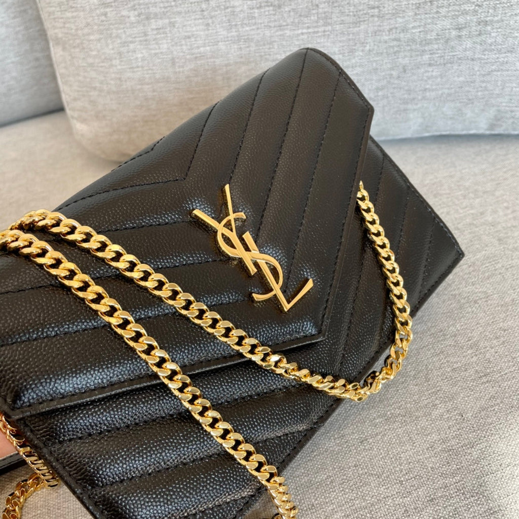 Cassandre Envelope Chain Wallet Black Grain Leather Golden Hardware 19 cm