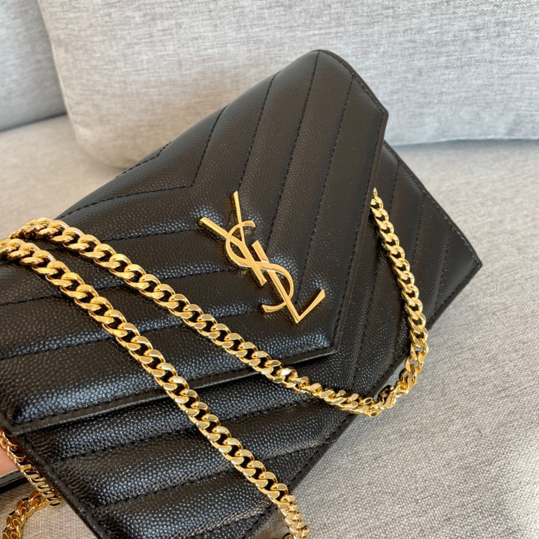 Cassandre Envelope Chain Wallet Black Grain Leather Golden Hardware 19 cm