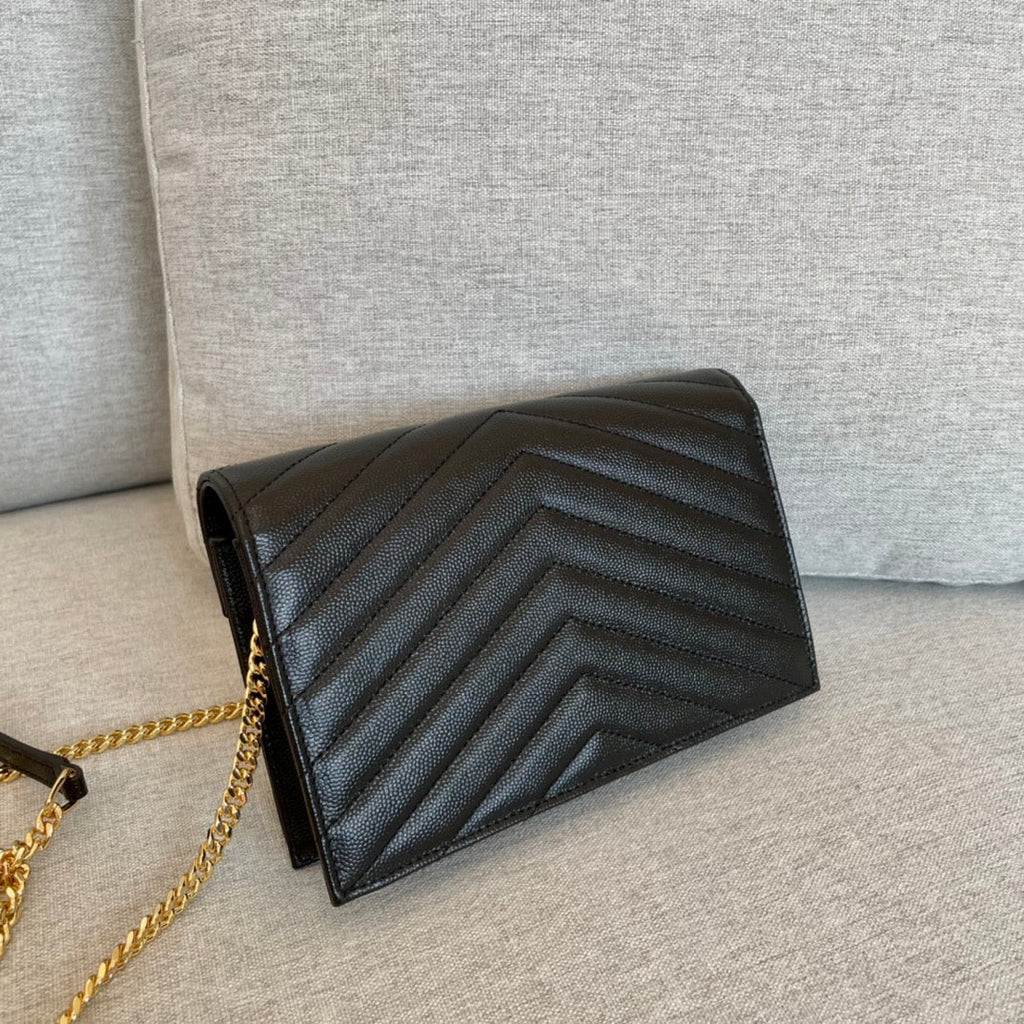 Cassandre Envelope Chain Wallet Black Grain Leather Golden Hardware 19 cm