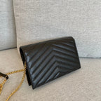 Cassandre Envelope Chain Wallet Black Grain Leather Golden Hardware 19 cm