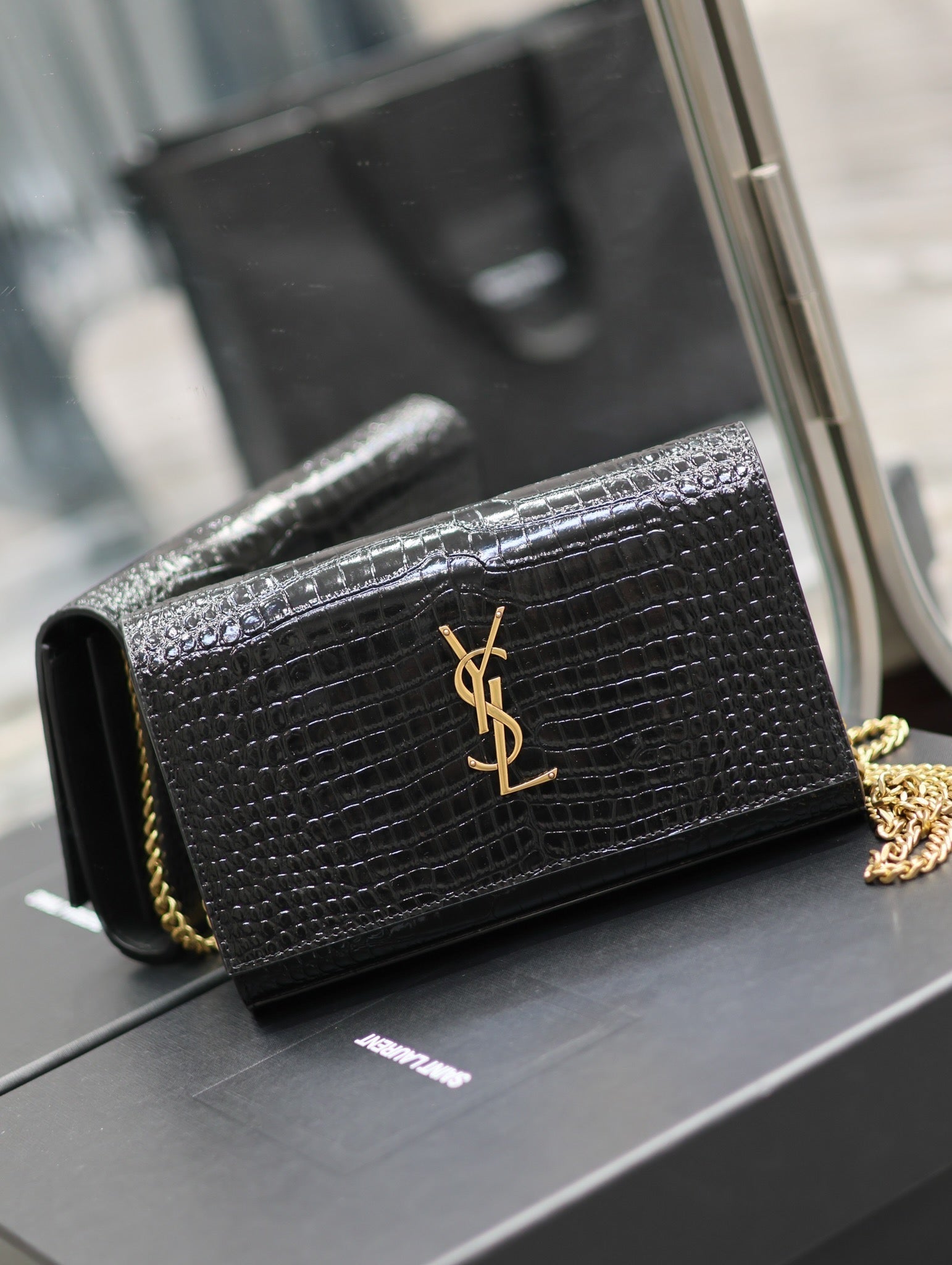 Kate Croc Embossed BLack Gold Hardware - 23x14x3cm