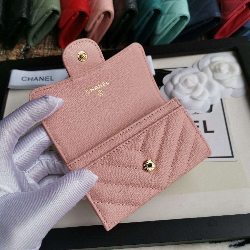 Caviar Chevron Quilted Compact Flap Wallet Pink