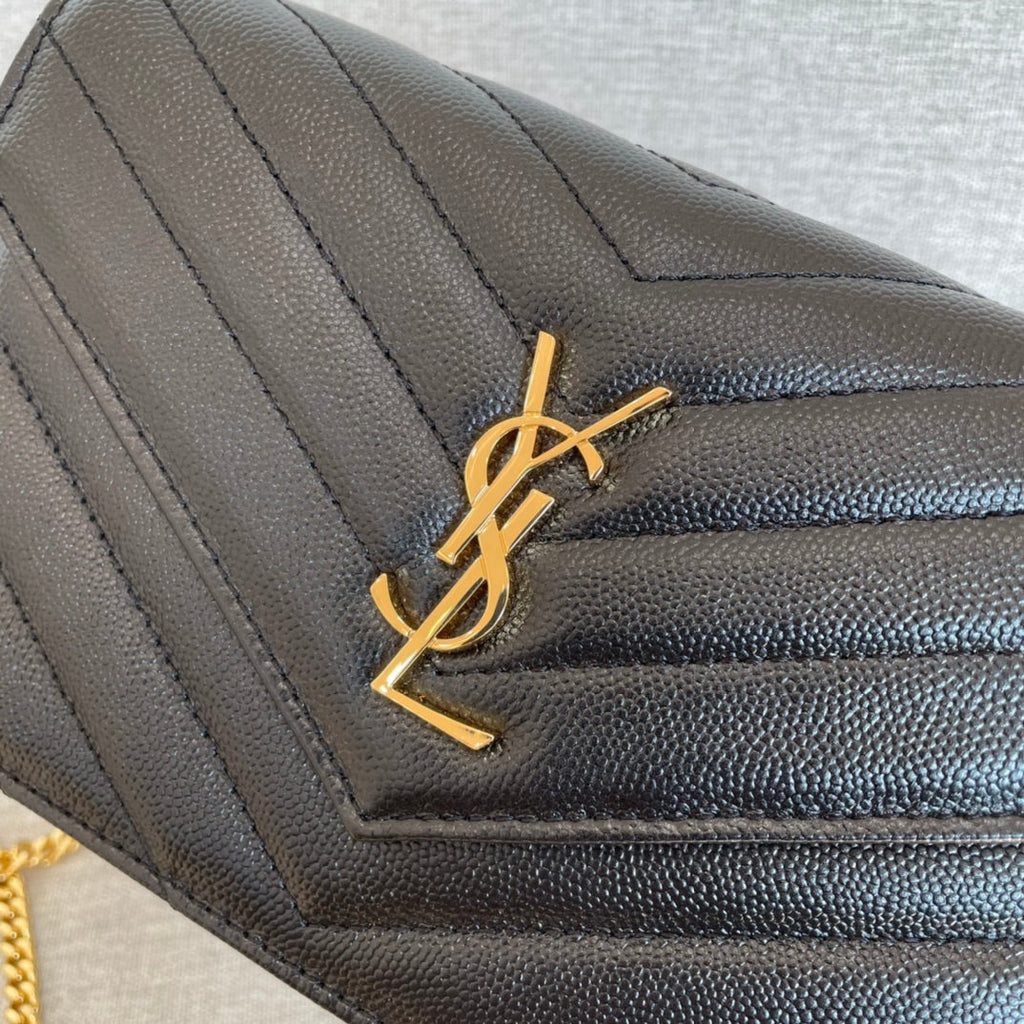 Cassandre Envelope Chain Wallet Black Grain Leather Golden Hardware 19 cm