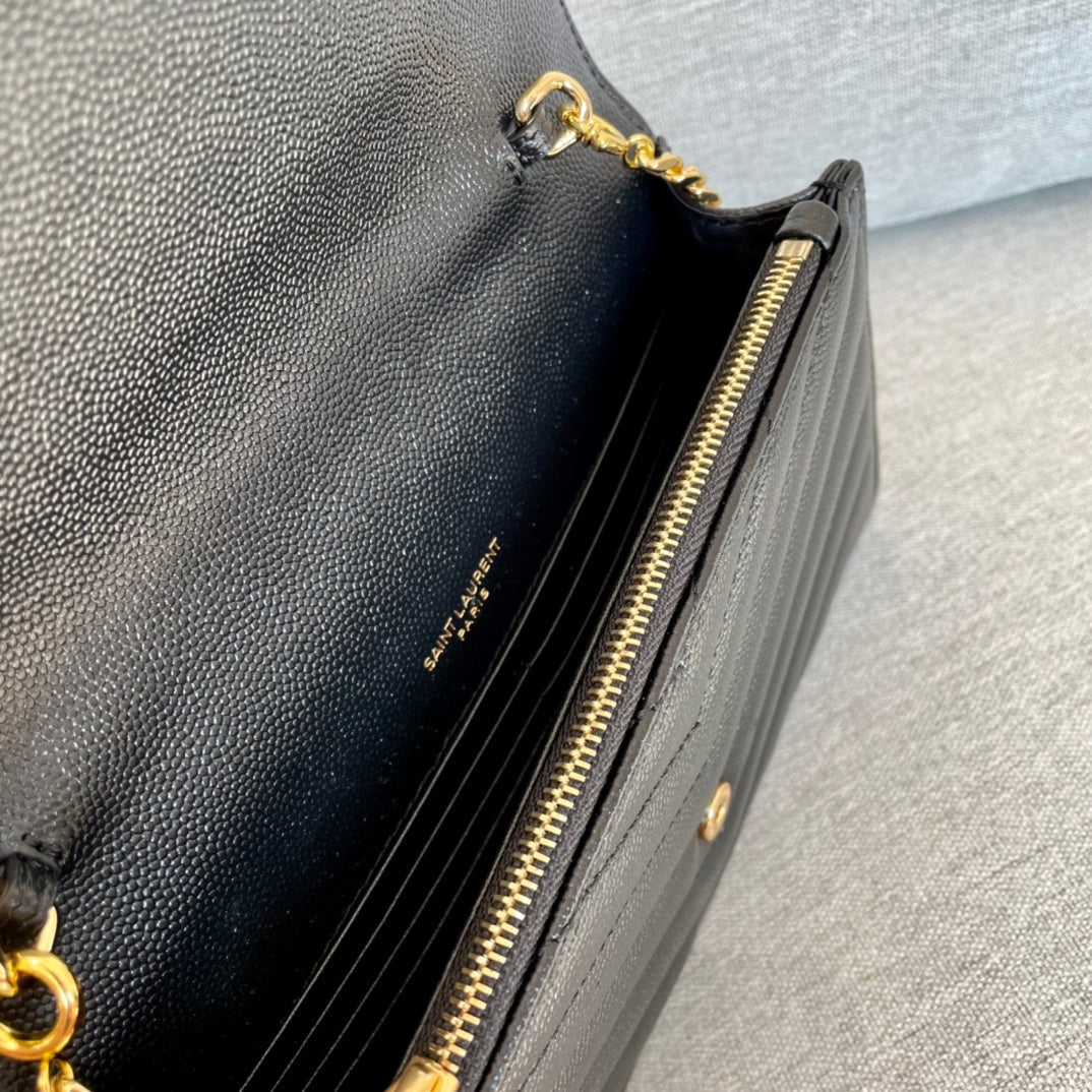 Cassandre Envelope Chain Wallet Black Grain Leather Golden Hardware 19 cm