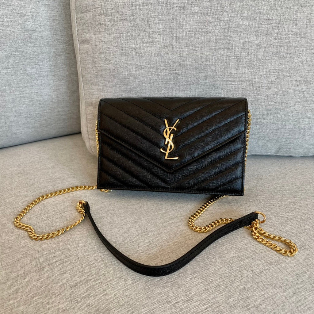 Cassandre Envelope Chain Wallet Black Grain Leather Golden Hardware 19 cm