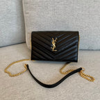 Cassandre Envelope Chain Wallet Black Grain Leather Golden Hardware 19 cm