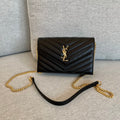 Cassandre Envelope Chain Wallet Black Grain Leather Golden Hardware 19 cm