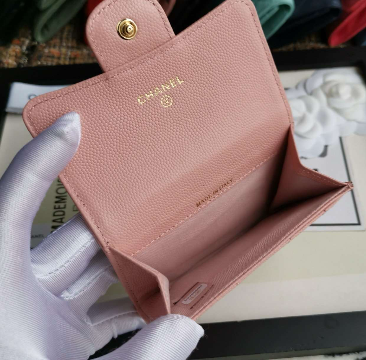 Caviar Chevron Quilted Compact Flap Wallet Pink