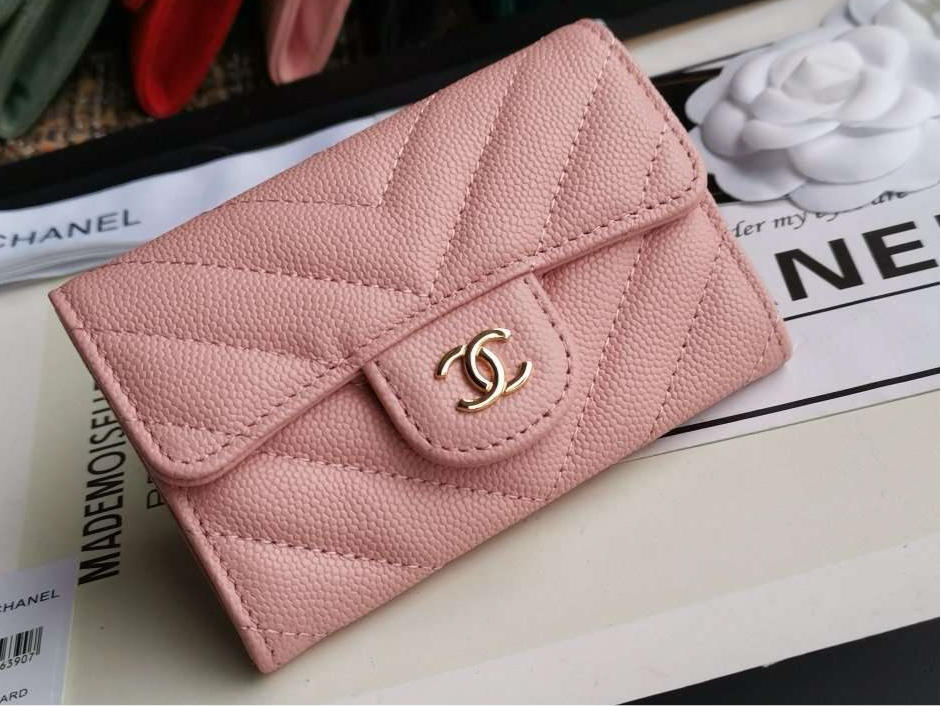 Caviar Chevron Quilted Compact Flap Wallet Pink