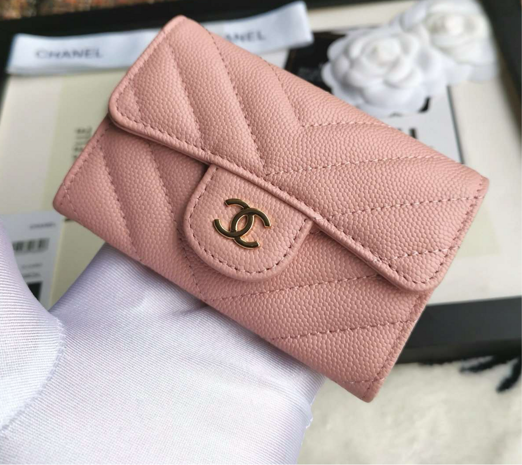 Caviar Chevron Quilted Compact Flap Wallet Pink