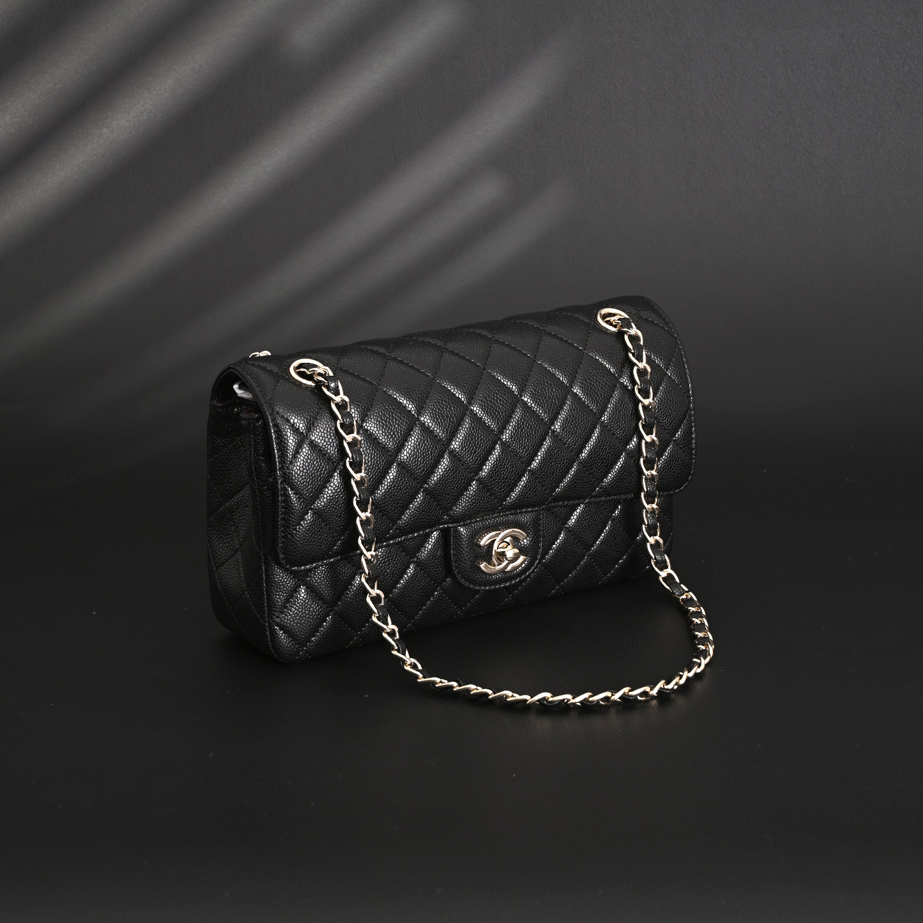 Classic Flap Bag  Black Quilted Caviar Leather with Gold-Tone Hardware