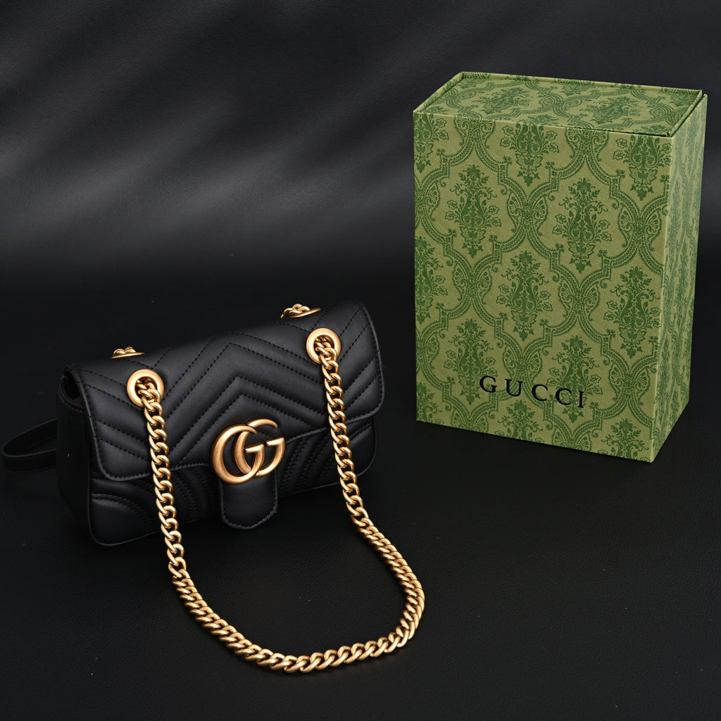 GG Marmont Small Matelass Shoulder Bag  Black Leather with Gold Hardware
