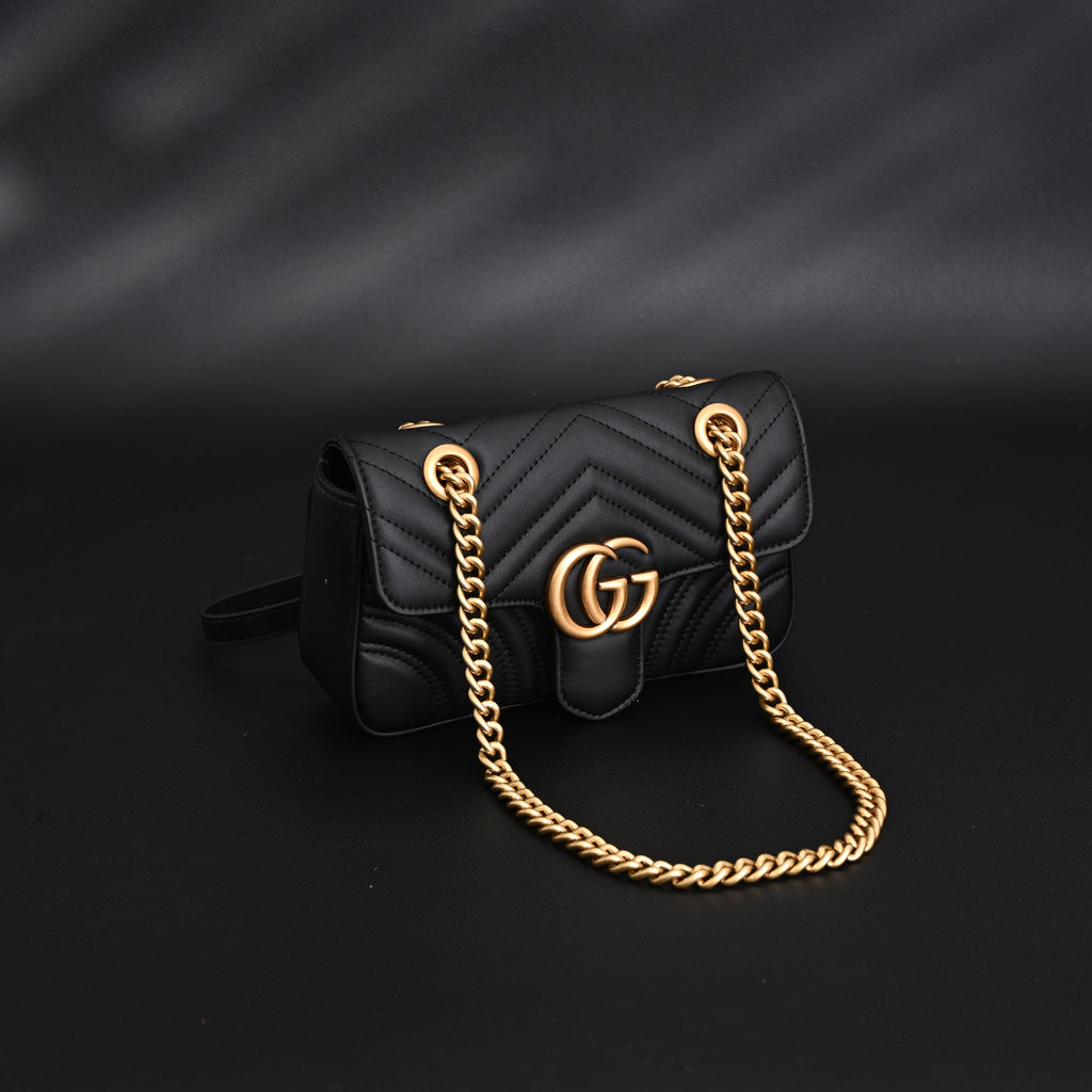 GG Marmont Small Matelass Shoulder Bag  Black Leather with Gold Hardware