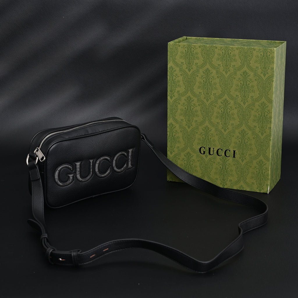 Black Leather Embossed Logo Belt Bag