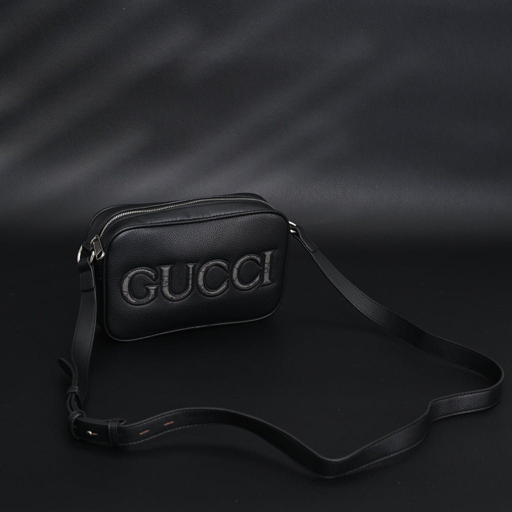 Black Leather Embossed Logo Belt Bag