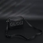 Black Leather Embossed Logo Belt Bag