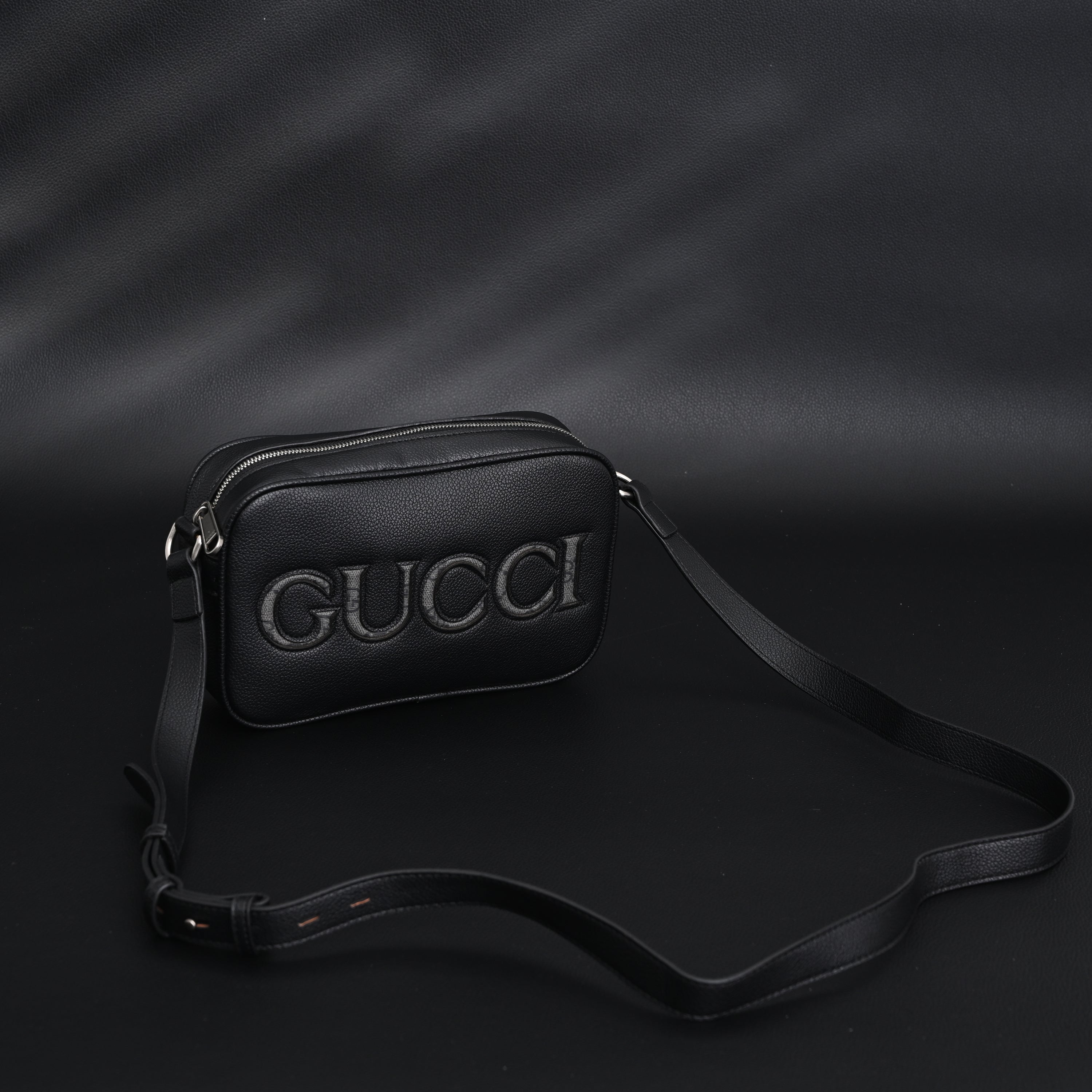 Black Leather Embossed Logo Belt Bag