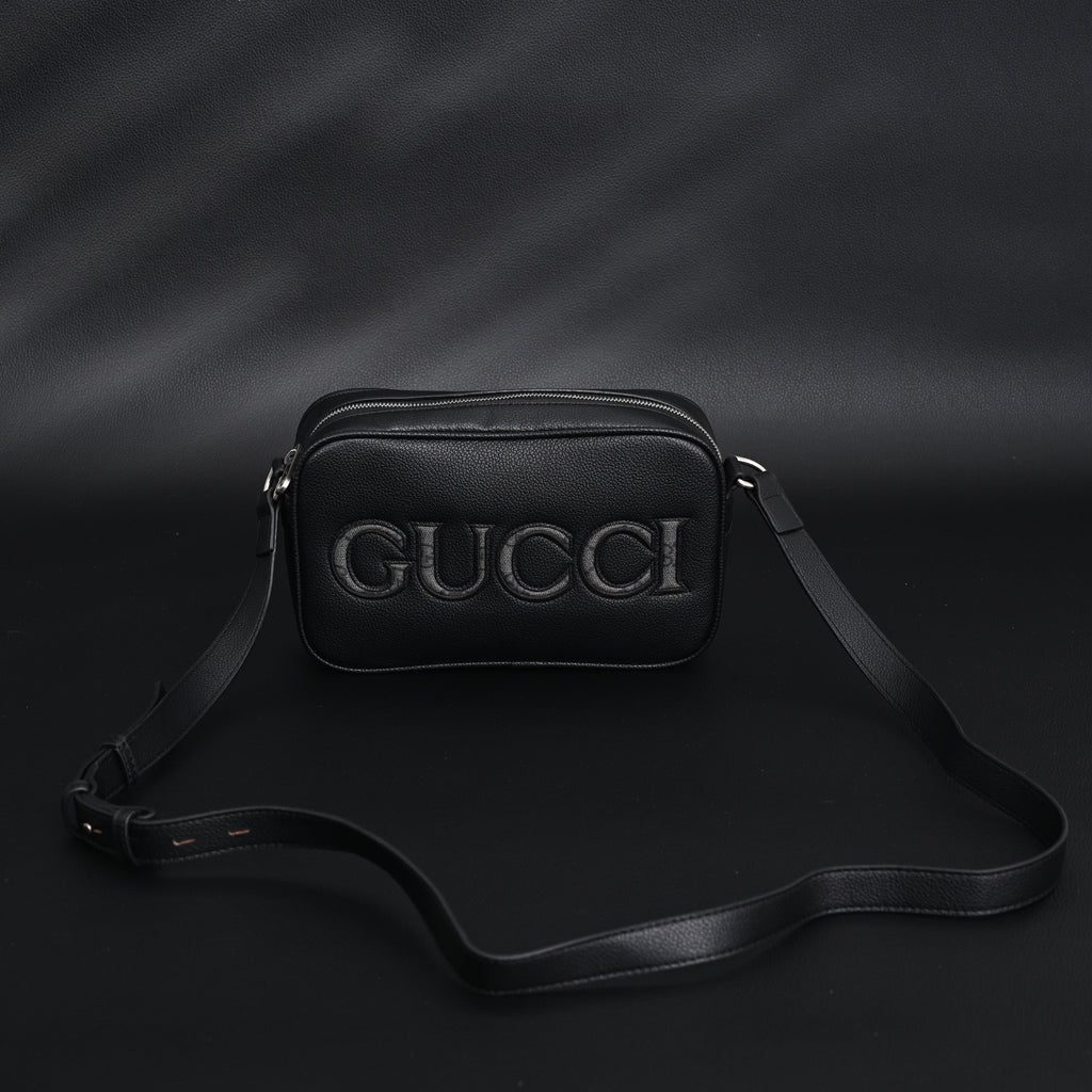 Black Leather Embossed Logo Belt Bag