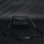 Black Leather Embossed Logo Belt Bag