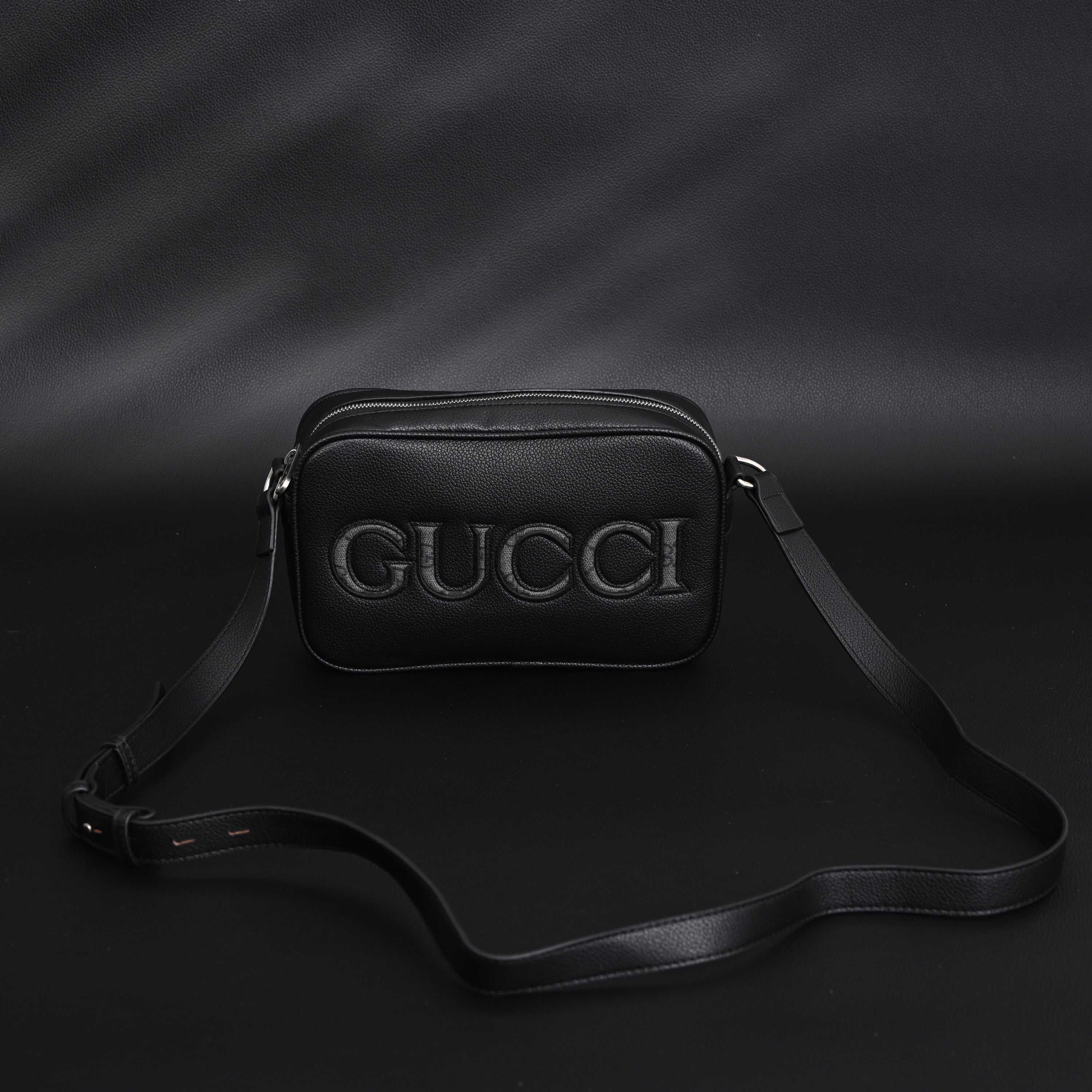 Black Leather Embossed Logo Belt Bag
