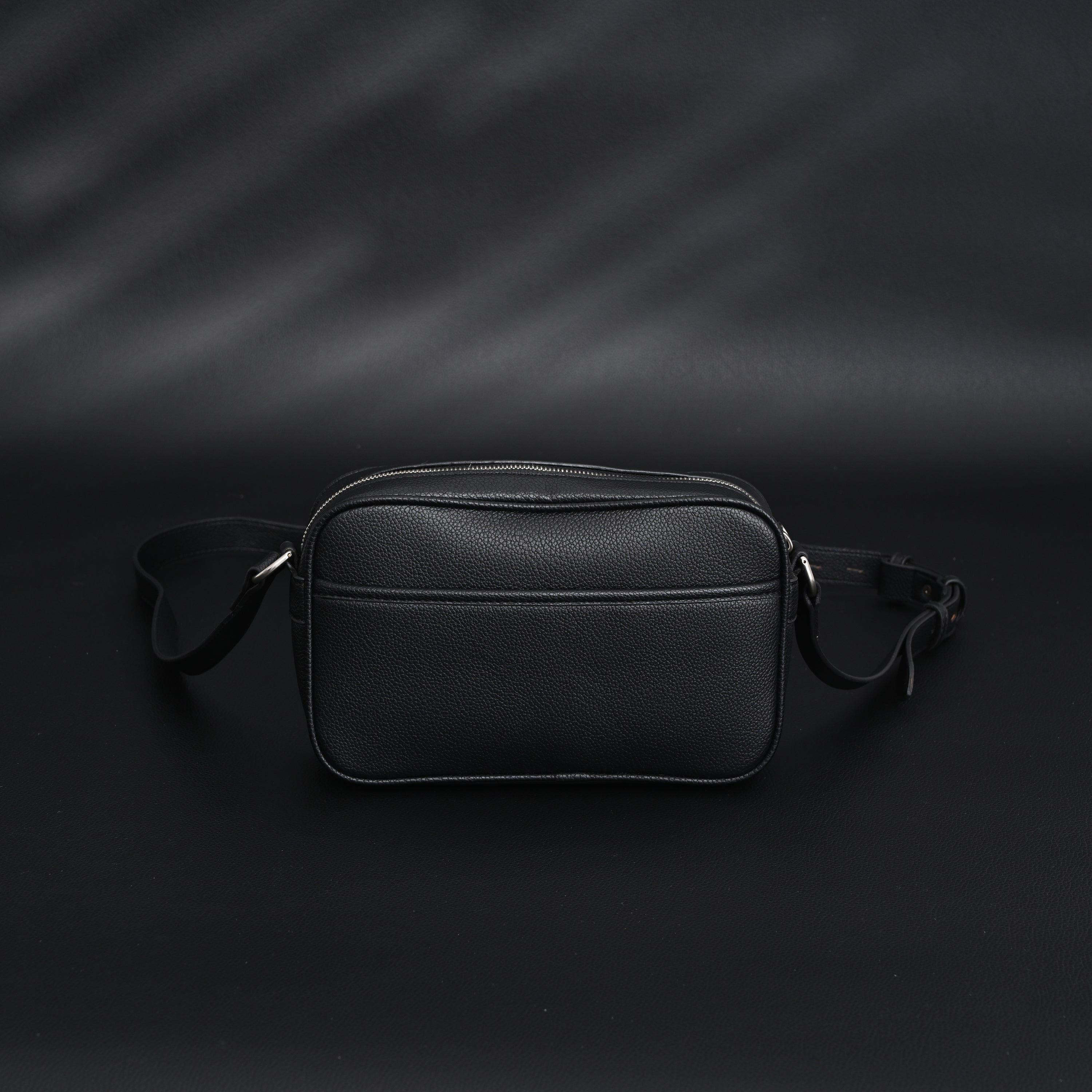 Black Leather Embossed Logo Belt Bag