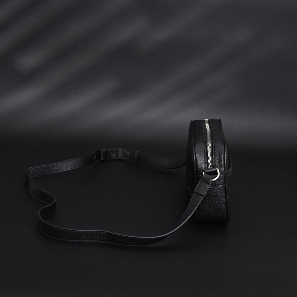 Black Leather Embossed Logo Belt Bag