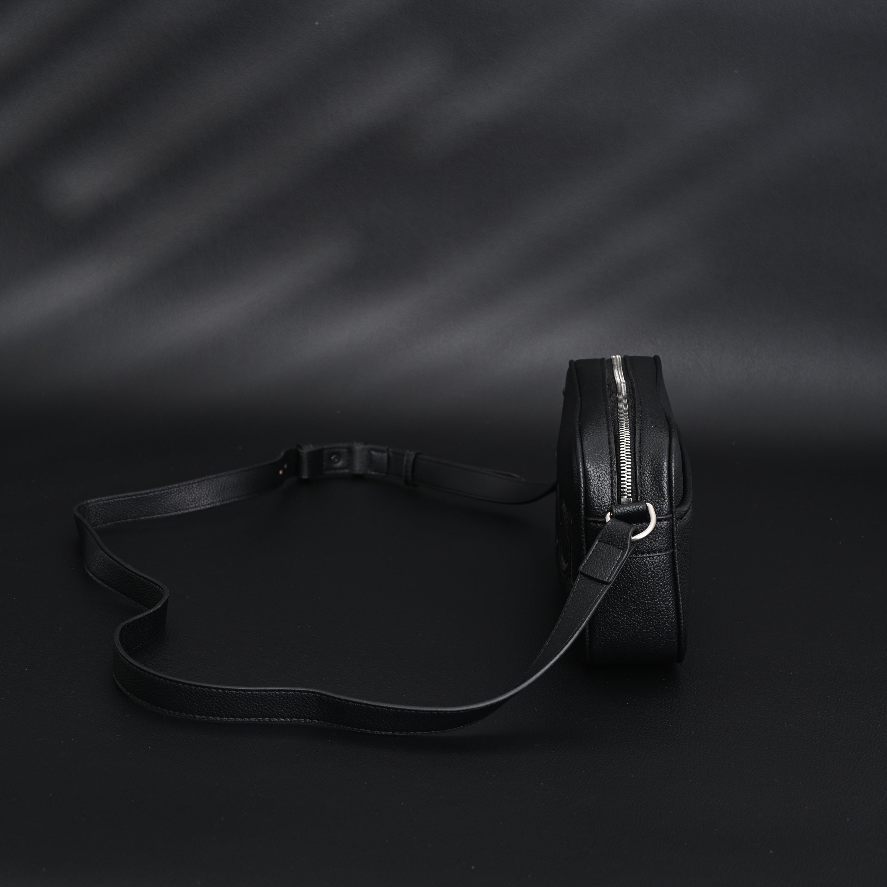 Black Leather Embossed Logo Belt Bag