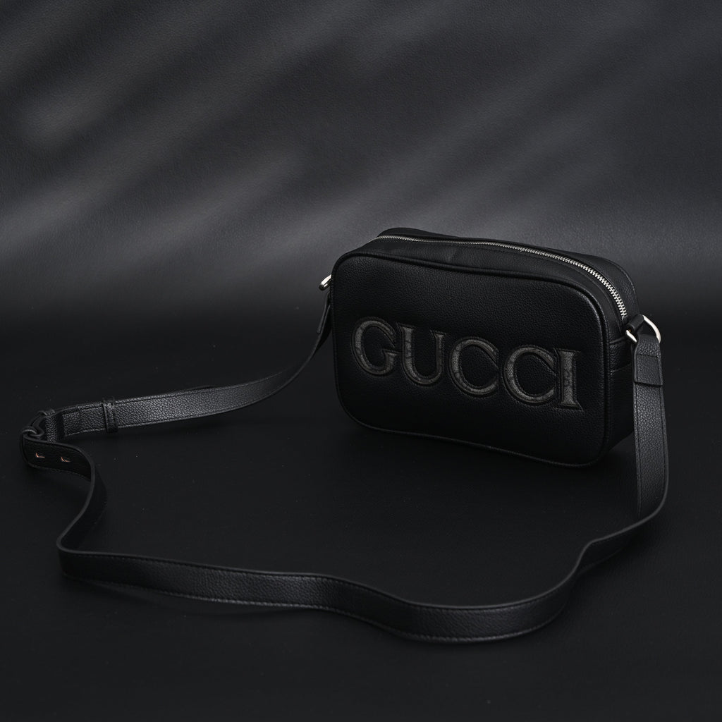 Black Leather Embossed Logo Belt Bag
