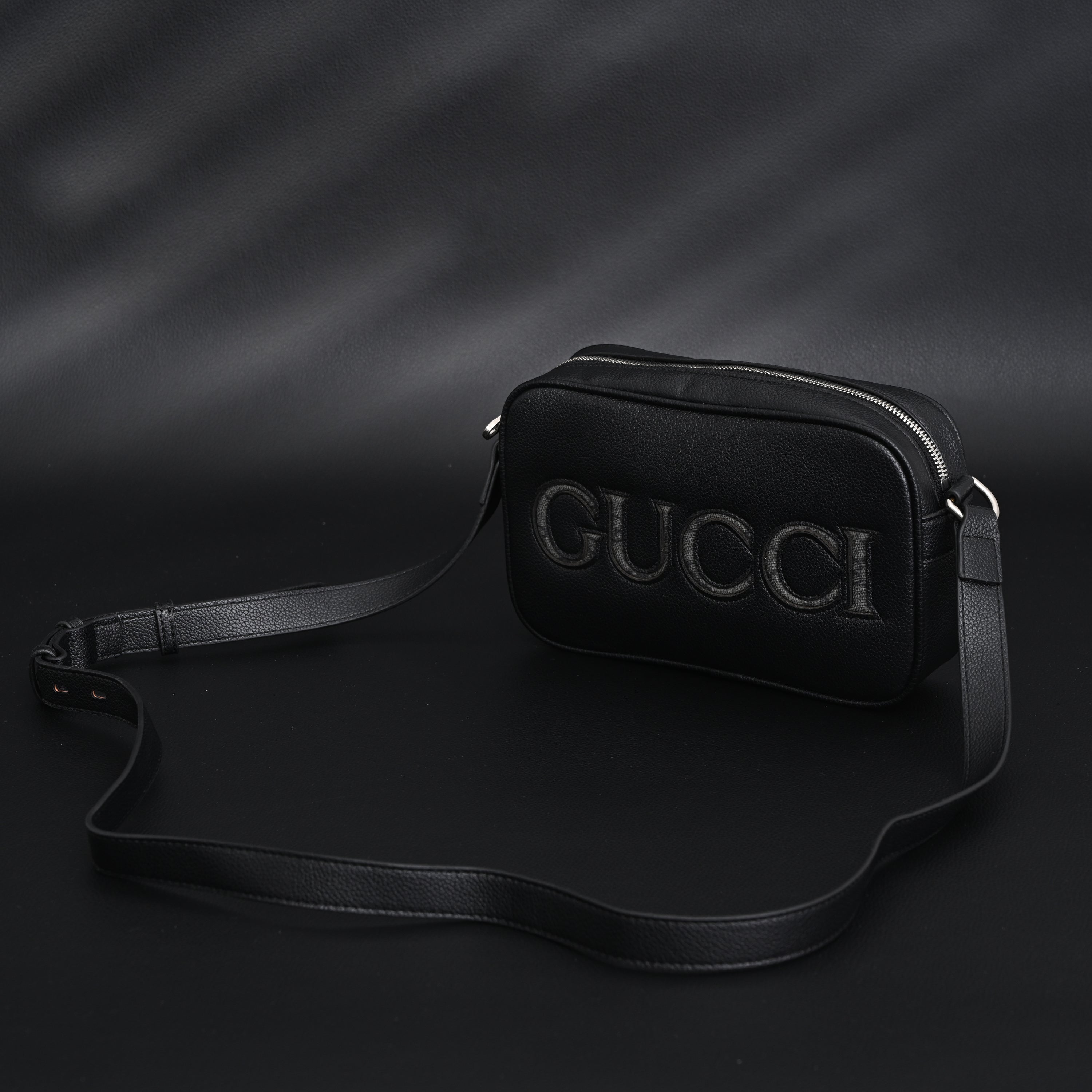 Black Leather Embossed Logo Belt Bag