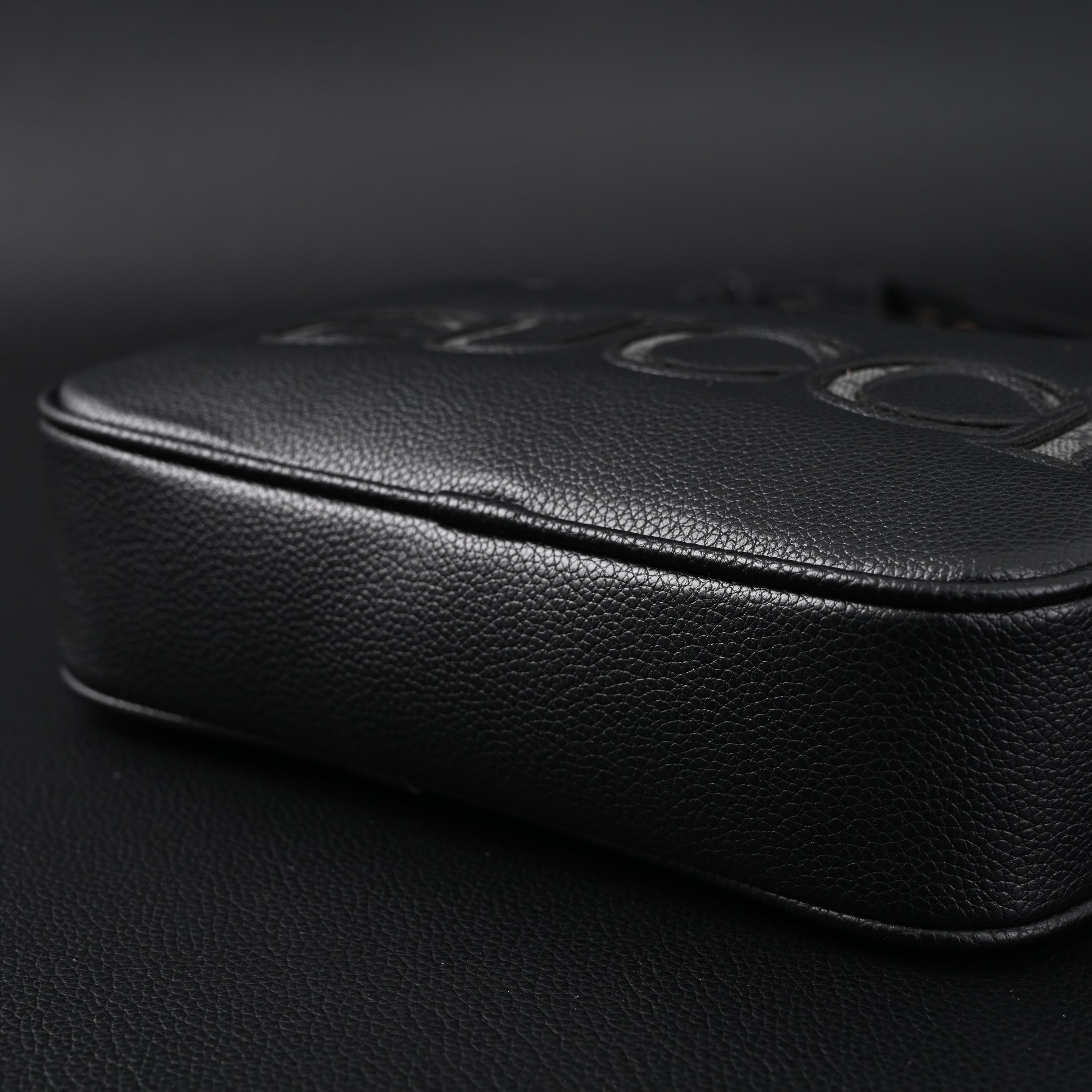 Black Leather Embossed Logo Belt Bag