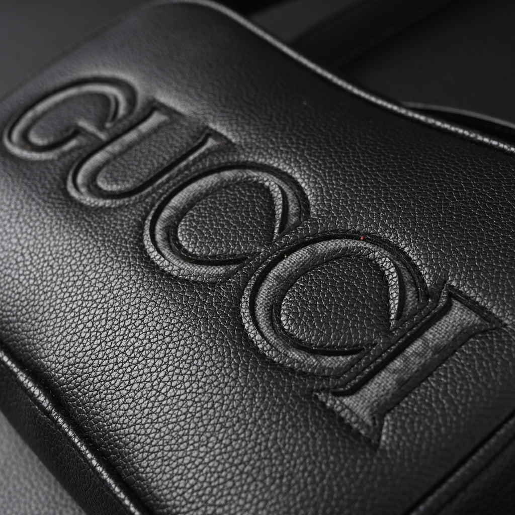 Black Leather Embossed Logo Belt Bag
