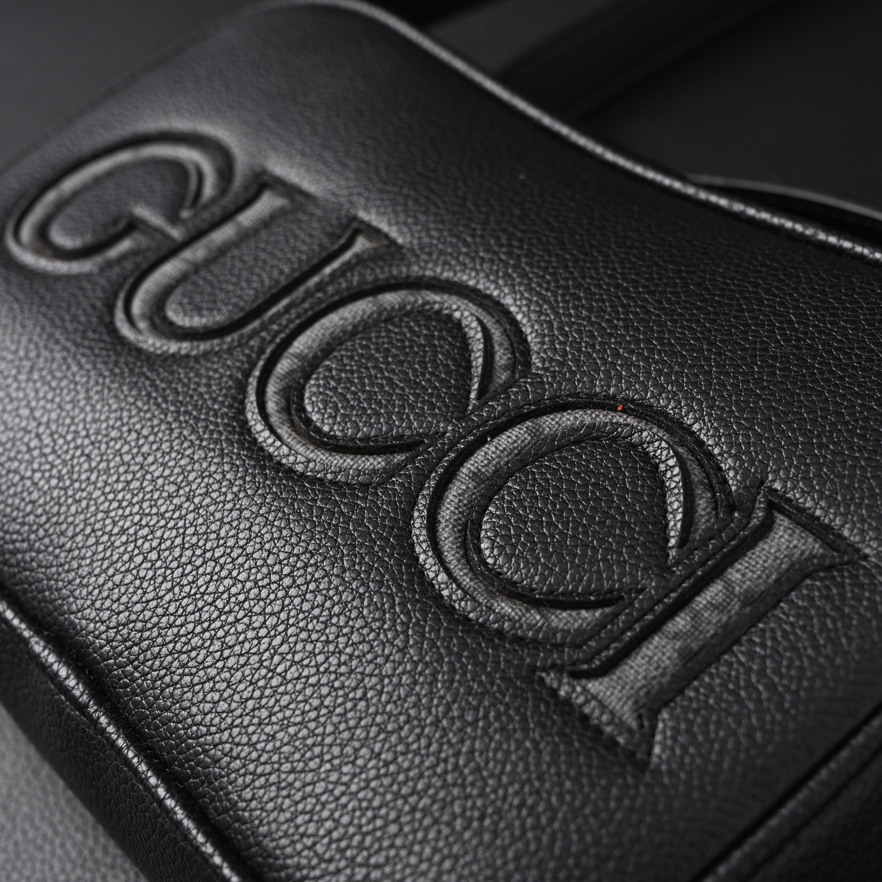 Black Leather Embossed Logo Belt Bag