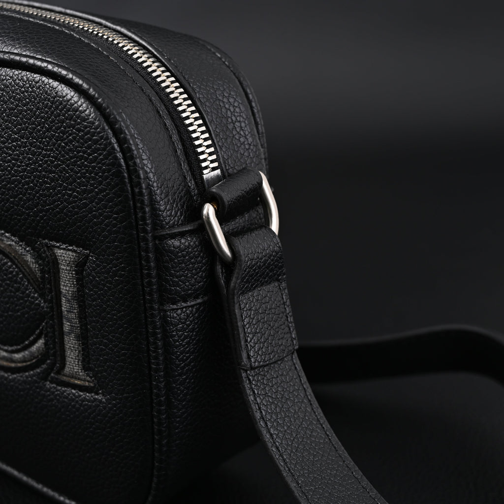 Black Leather Embossed Logo Belt Bag