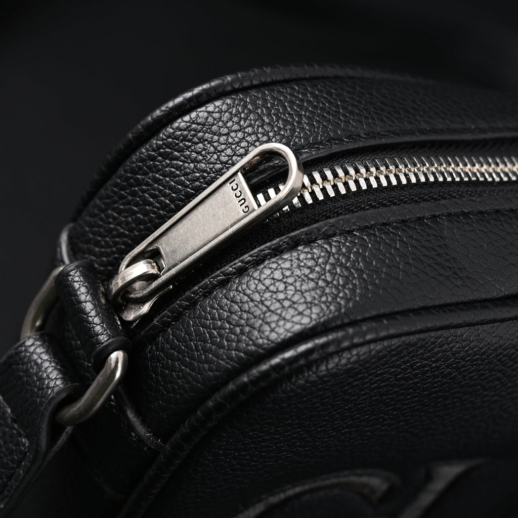 Black Leather Embossed Logo Belt Bag