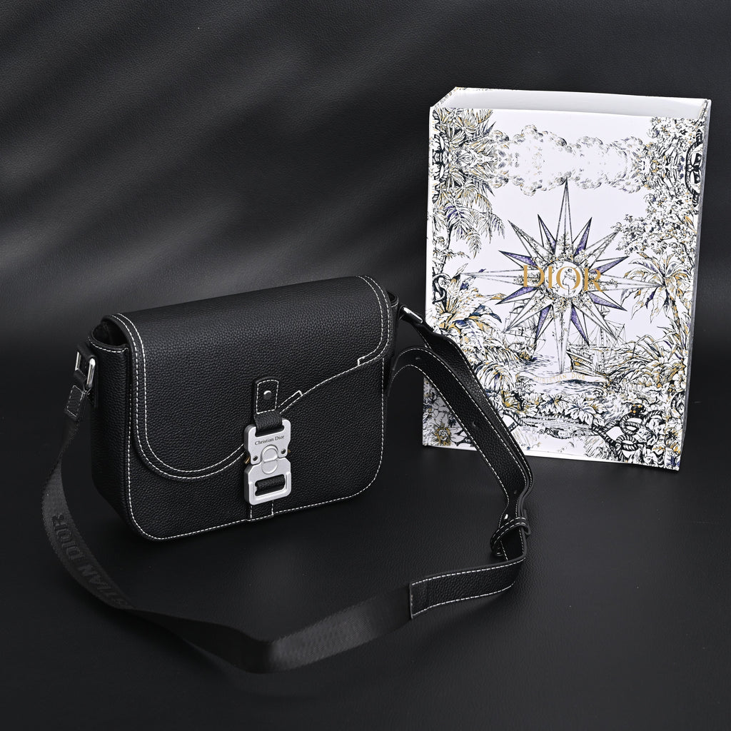 Saddle Crossbody Bag  Black Grained Calfskin with Silver-Tone Hardware