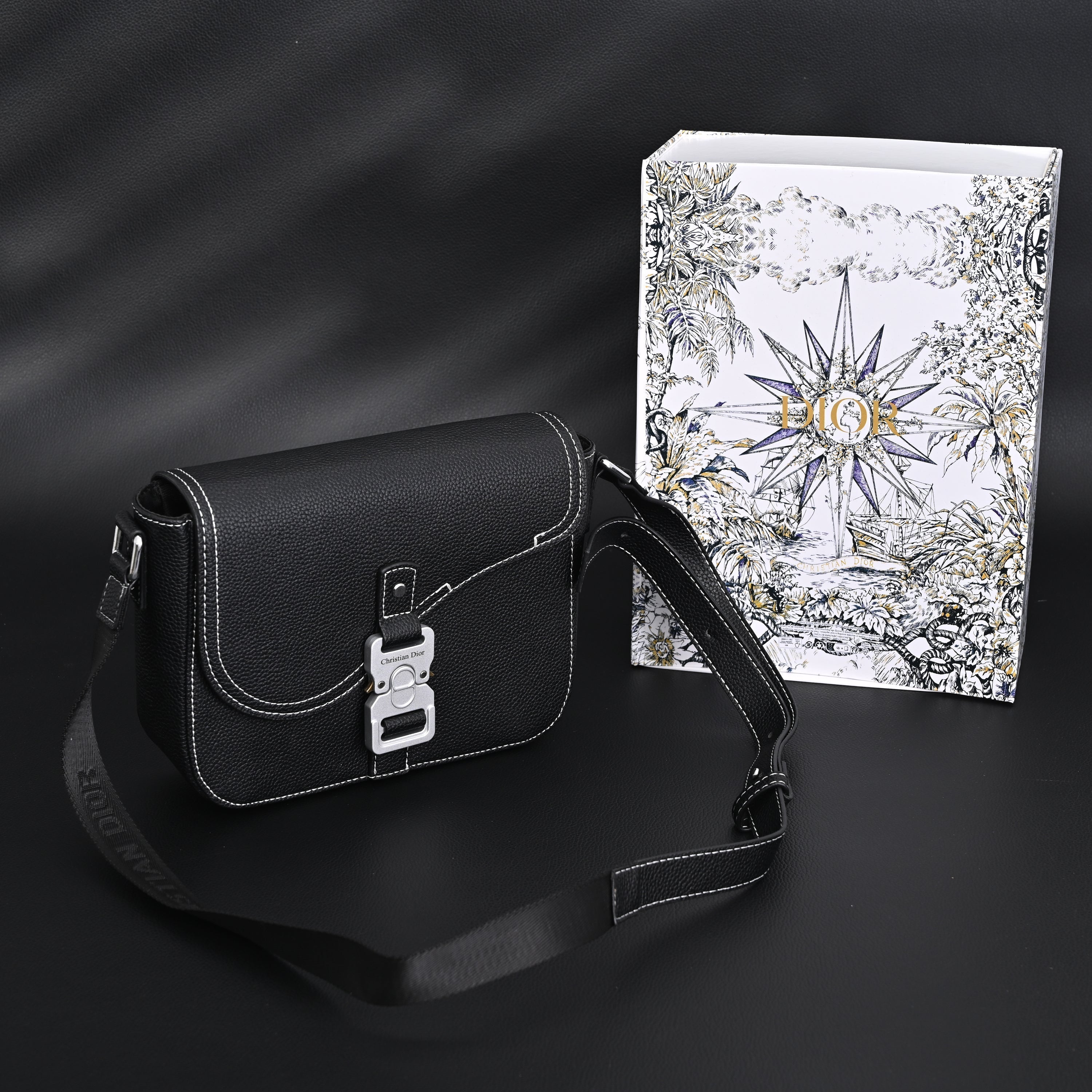 Saddle Crossbody Bag  Black Grained Calfskin with Silver-Tone Hardware