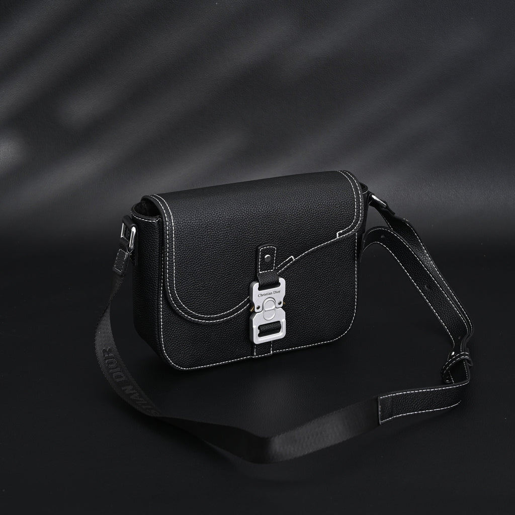 Saddle Crossbody Bag  Black Grained Calfskin with Silver-Tone Hardware