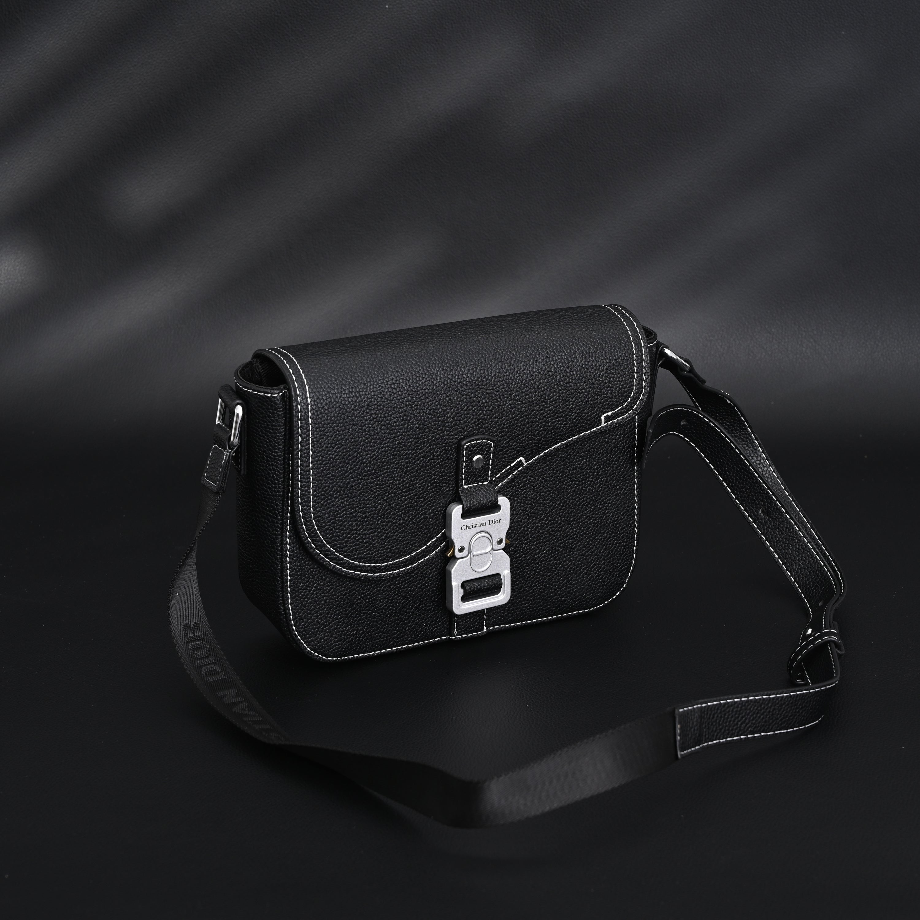 Saddle Crossbody Bag  Black Grained Calfskin with Silver-Tone Hardware