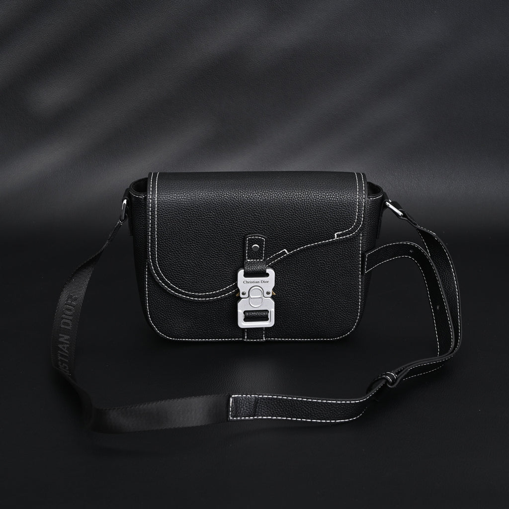Saddle Crossbody Bag  Black Grained Calfskin with Silver-Tone Hardware