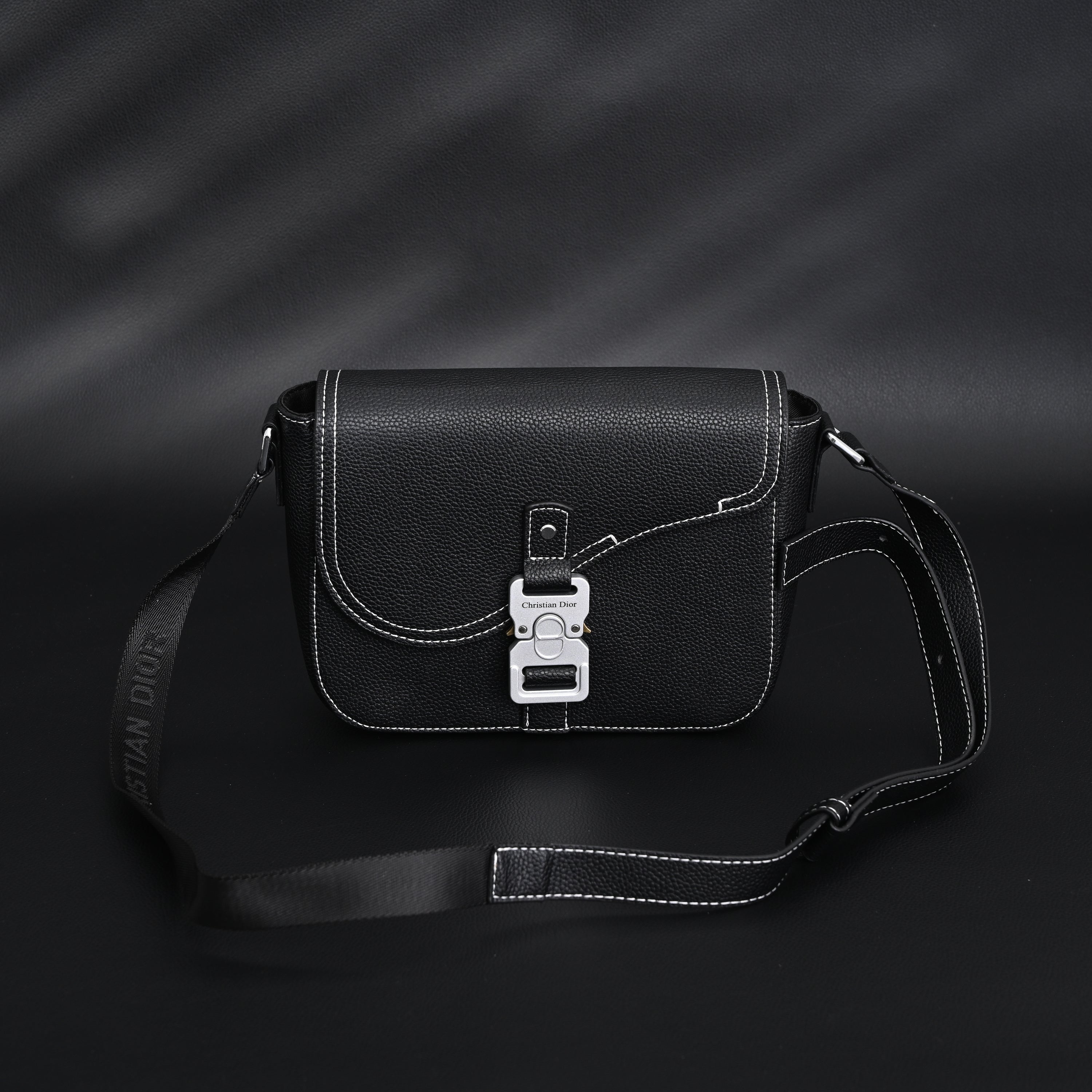 Saddle Crossbody Bag  Black Grained Calfskin with Silver-Tone Hardware