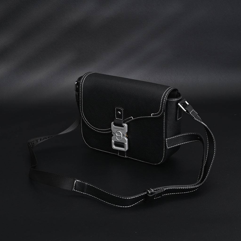 Saddle Crossbody Bag  Black Grained Calfskin with Silver-Tone Hardware